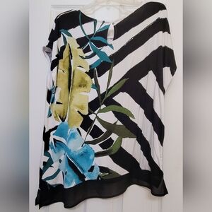 Christopher & Banks Black and White Top with Blue and Green Floral